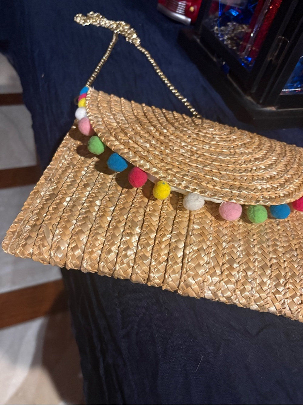 Natural Straw Clutch with Multicolor Pom-Pom Trim